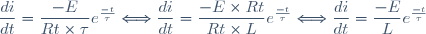 \dfrac{di}{dt}=\dfrac{-E}{Rt\times\tau}e^{\frac{-t}{\tau}}\Longleftrightarrow \dfrac{di}{dt}=\dfrac{-E\times Rt}{Rt\times L}e^{\frac{-t}{\tau}}\Longleftrightarrow \dfrac{di}{dt}=\dfrac{-E}{L}e^{\frac{-t}{\tau}}